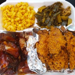 Rib tips with plenty of bbq sauce, fried chicken wings, collard greens, mac & cheese. Rib tips with plenty of bbq sauce, fried chicken wings, collard greens, mac & cheese.
