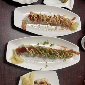 Sushi Tex Mex - Starting from the left we got the special that comes with 3 rolls, the oyster roll, the banana roll, and the Mexican roll. - Sushi Bars Near Me - Houston, Texas Sushi Tex Mex - Starting from the left we got the special that comes with 3 rolls, the oyster roll, the banana roll, and the Mexican roll. - Sushi Bars Near Me - Houston, Texas
