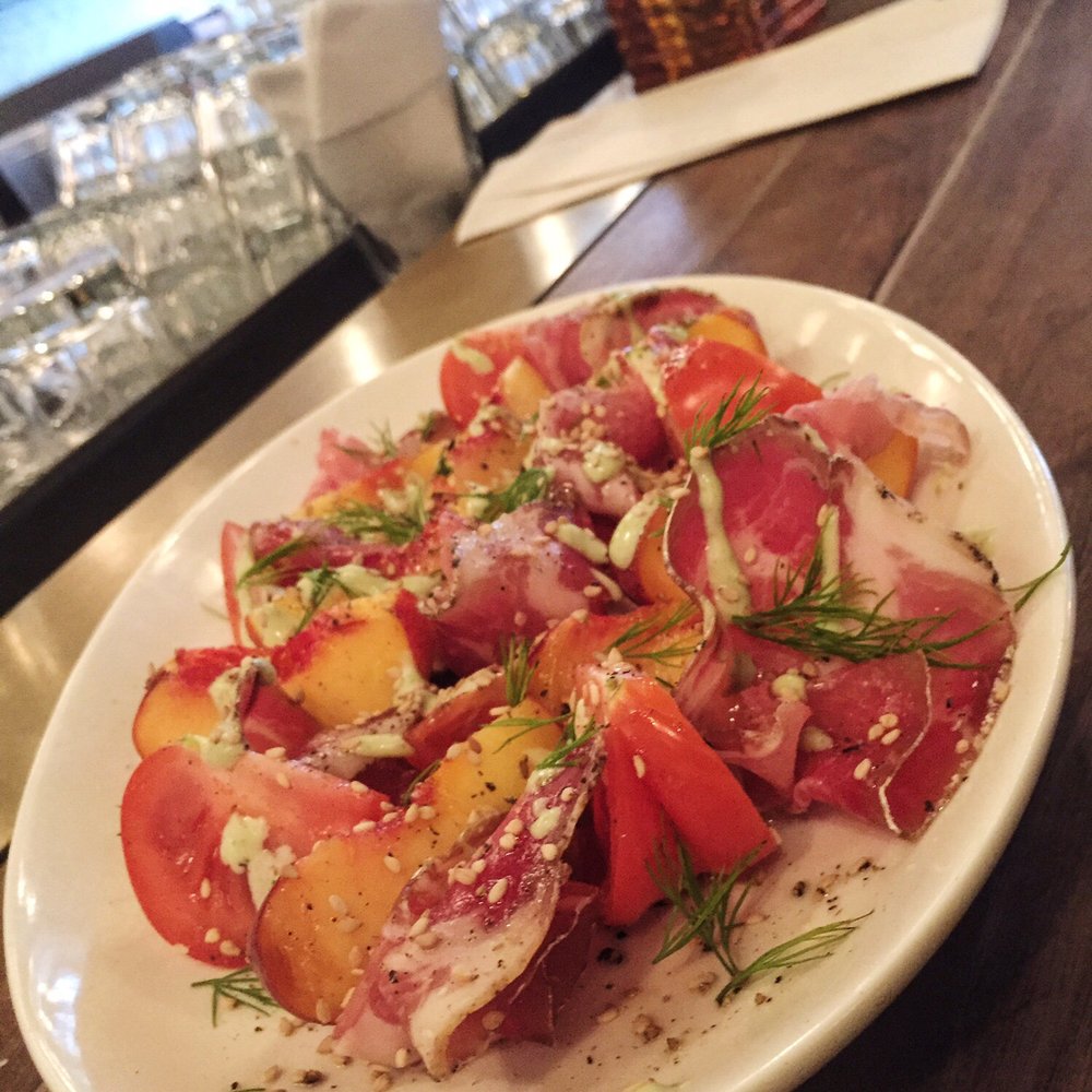Philemon Bar - Peach, tomatoes and pancetta salad! - Wine Bars Near Me - Montreal, Quebec Philemon Bar - Peach, tomatoes and pancetta salad! - Wine Bars Near Me - Montreal, Quebec