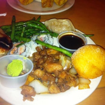 Number One China Buffet - Pork dumplings, sautéed beans, pepper chicken, sushi, fried refrigerated biscuit dough. Why is this a basic? WHO CARES! Yum! - Chinese Near Me - Anniston, Alabama