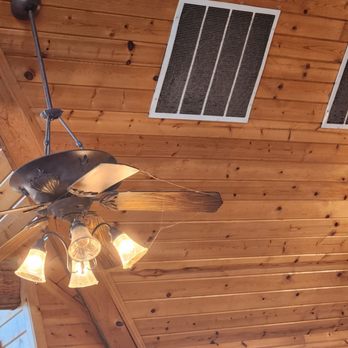 Dixie Saloon - Look at the dirt, cobwebs on the fan, then notice the vent covers - black with dirt. Yuck. - Bars Near Me - Mackinaw City, Michigan