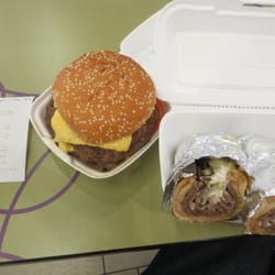 Knockout Burgers - One K.O. Cheeseburger ($3.89) with added beef ($1.25) and American cheese ($0.25); one large lamb gyro ($8.99)