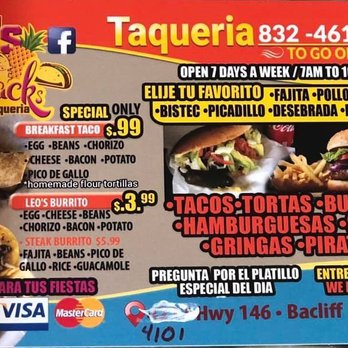 Leo's Snacks - a menu for a mexican restaurant - Food Trucks Near Me - Bacliff, Texas Leo's Snacks - a menu for a mexican restaurant - Food Trucks Near Me - Bacliff, Texas