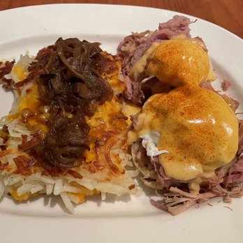 Blue's Egg + Bakery - Blue's Classic Benedict with Browns with Cheese and Caramelized Onions - Breakfast & Brunch Near Me - Milwaukee, Wisconsin