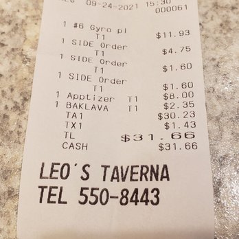 Leo's Taverna - Receipt as of 2021 - Greek Near Me - Honolulu, Hawaii