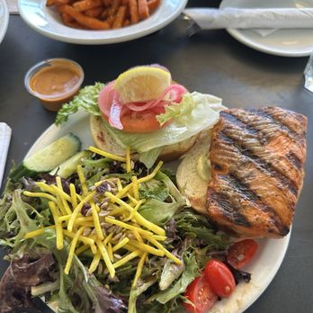 The Watershed Grill - Salmon burger with side salad - Burgers Near Me - Brackendale, British Columbia The Watershed Grill - Salmon burger with side salad - Burgers Near Me - Brackendale, British Columbia