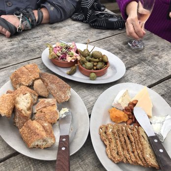 Hog Island Oyster - Cheese plate. Crusty bread and spicy pickles - Seafood Near Me - Marshall, California