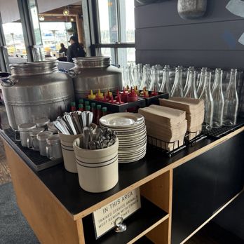 Joinery - Self serve station for water, condiments, utensils, napkins - American Near Me - Sausalito, California Joinery - Self serve station for water, condiments, utensils, napkins - American Near Me - Sausalito, California