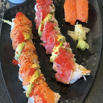 Ahi Sushi Bar - 2 pc NZ Salmon Nigiri, Sunshine roll and a custom one I can't remember the name - Sushi Bars Near Me - Eagle, Idaho Ahi Sushi Bar - 2 pc NZ Salmon Nigiri, Sunshine roll and a custom one I can't remember the name - Sushi Bars Near Me - Eagle, Idaho