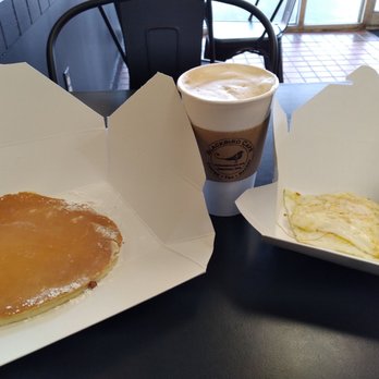 Blackbird Cafe - One pancake,  requested,  two eggs over easy... MY VANILLA ALMOND MILK LATTE - SO SO GOOD!! - Cafes Near Me - Burlington, Massachusetts