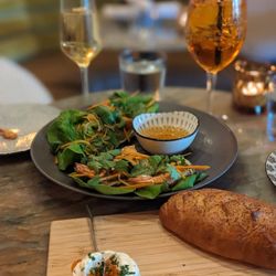 Lee's - Champagne spritz, Capaletti spritz Japanese butter with smoked trout caviar and fresh bread Shrimp lettuce wrap