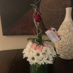 Every rose has its thorn, single rose rising from carnations