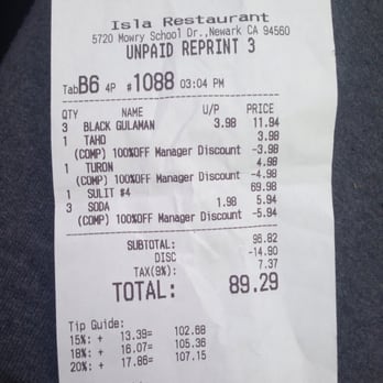 Isla Restaurant - Over charged us !!! Thats the server i guess!! - Filipino Near Me - Newark, California Isla Restaurant - Over charged us !!! Thats the server i guess!! - Filipino Near Me - Newark, California