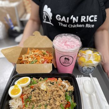 Gai 'N Rice - Thai carrot salad, Iced Pink Milk, Mango with Sticky Rice, and Ga Pao Gai (basil chicken) - Thai Near Me - Elk Grove, California Gai 'N Rice - Thai carrot salad, Iced Pink Milk, Mango with Sticky Rice, and Ga Pao Gai (basil chicken) - Thai Near Me - Elk Grove, California