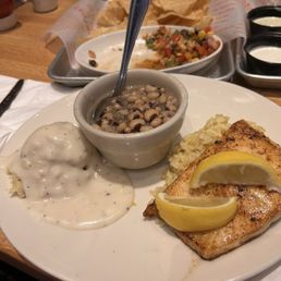 Lemon Herb Grilled Salmon, blacked peas, mashed potato's