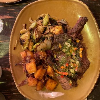 Urban Plates - Chimichurri Grass Fed Steak Plate with Butternut Squash and Roasted Brussel Sprouts W. Turkey Bacon...delicious - New American Near Me - Dublin, California