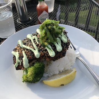Cockeyed Gull - Sesame Crusted Salmon with Seaweed salad and Broccoli - Seafood Near Me - Peaks Island, Maine Cockeyed Gull - Sesame Crusted Salmon with Seaweed salad and Broccoli - Seafood Near Me - Peaks Island, Maine