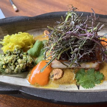 Azalina's - Spicy Fish Bastador - crispy sea bass, purple asian sticky corn, creoja, tomato rice, macadamia nut. The best sea bass ever. - Malaysian Near Me - San Francisco, California