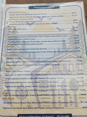 Menu photo 2 Taqueria La Gloria Fort Bragg, CA