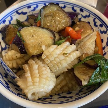 Pineapple Thai - Eggplant Basil with Calamari $18 - Thai Near Me - Cupertino, California