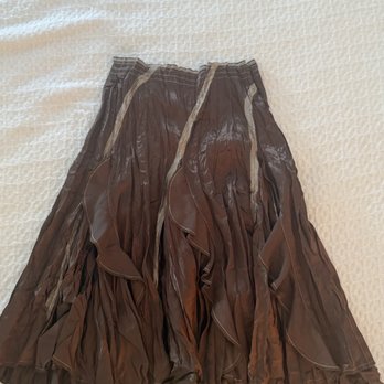 Cabana Collective - y2k brown silk skirt with ruffled hem and visible stitching pattern - Used, Vintage & Consignment Near Me - Tiverton, Rhode Island