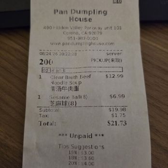 Pan Dumpling House - Receipt - Chinese Near Me - Corona, California Pan Dumpling House - Receipt - Chinese Near Me - Corona, California