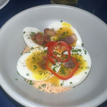 Wilder - Devilish Eggs 7-min eggs, lardons, pickled red fresnos, spicy aioli, chives - American Near Me - Portland, Oregon Wilder - Devilish Eggs 7-min eggs, lardons, pickled red fresnos, spicy aioli, chives - American Near Me - Portland, Oregon