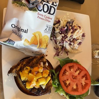Stomping Grounds Grille - Swordfish with Mango/Lettuce/Tomato with a side of coleslaw & chips - New American Near Me - Buzzards Bay, Massachusetts