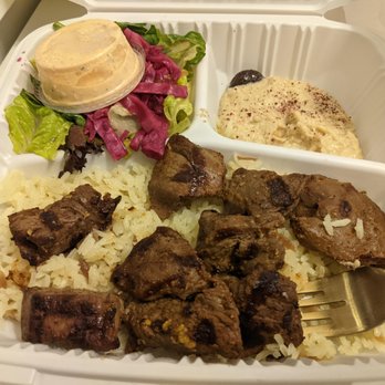 Mesopotamia Kitchen - Lamb Shish Kebab ($17.95) - 3 stars. The lamb was good but tough, rice soggy, not enough hummus. Thu takeout dinner 2021-10-28 - Mediterranean Near Me - San Francisco, California
