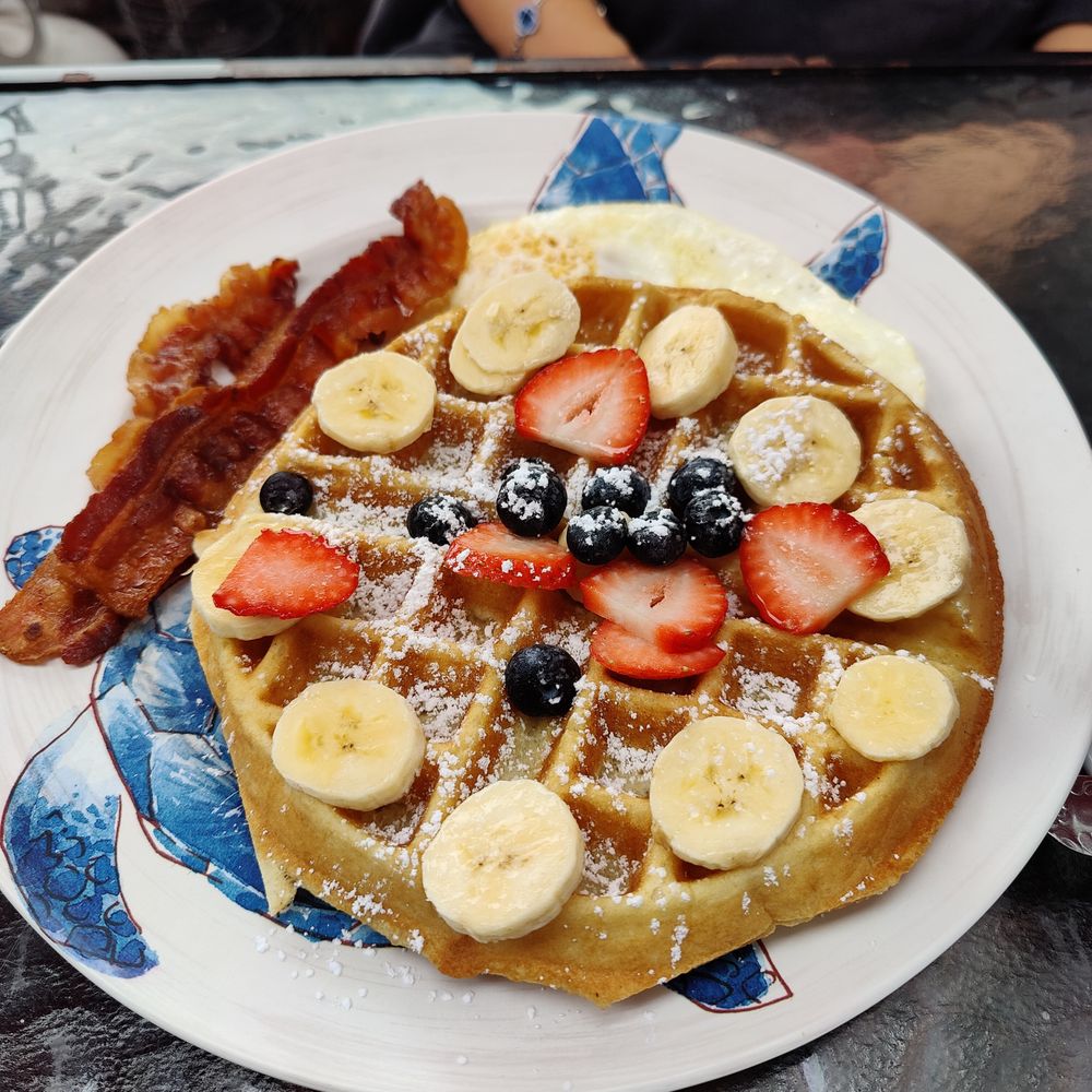 Ocean View Café - Belgian Waffle with bacon and eggs - Breakfast & Brunch Near Me - Manhattan Beach, California Ocean View Café - Belgian Waffle with bacon and eggs - Breakfast & Brunch Near Me - Manhattan Beach, California