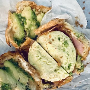 Manley Donuts - Ham, Bacon, Egg, Cheese Breakfast Sandwich on a croissant with avocado added. - Donuts Near Me - San Jose, California