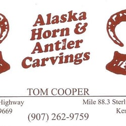 Business card received from Tom Cooper of Alaska Horn & Antler Carvings, Soldotna, AK.