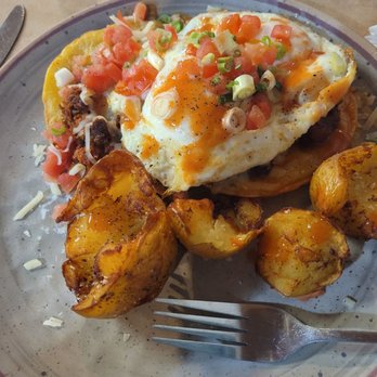 The Chalkboard Kitchen - Huevoa Rancheros with smashed fried potato - Breakfast & Brunch Near Me - South Haven, Michigan