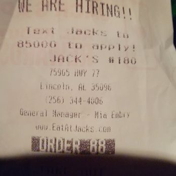 Jack's Family Restaurant - a receipt for a restaurant - Burgers Near Me - Lincoln, Alabama