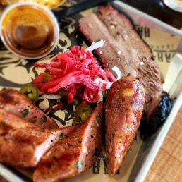 2 meat platter: brisket, sausage, Mac & Cheese, house pickles 2 meat platter: brisket, sausage, Mac & Cheese, house pickles