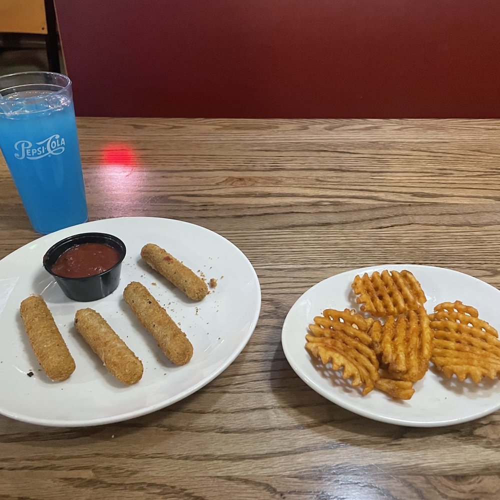 Mozzarella sticks, waffle fries, blue raspberry lemonade. Mozzarella sticks, waffle fries, blue raspberry lemonade.