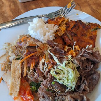 DAON - My plate features the kimchi pancake, japchae, beef bulgogi, and steamed rice. - Korean Near Me - Danville, California DAON - My plate features the kimchi pancake, japchae, beef bulgogi, and steamed rice. - Korean Near Me - Danville, California