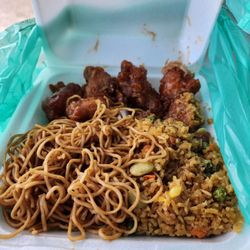 Wok N' Roll - Orange chicken, noodles and fried rice.