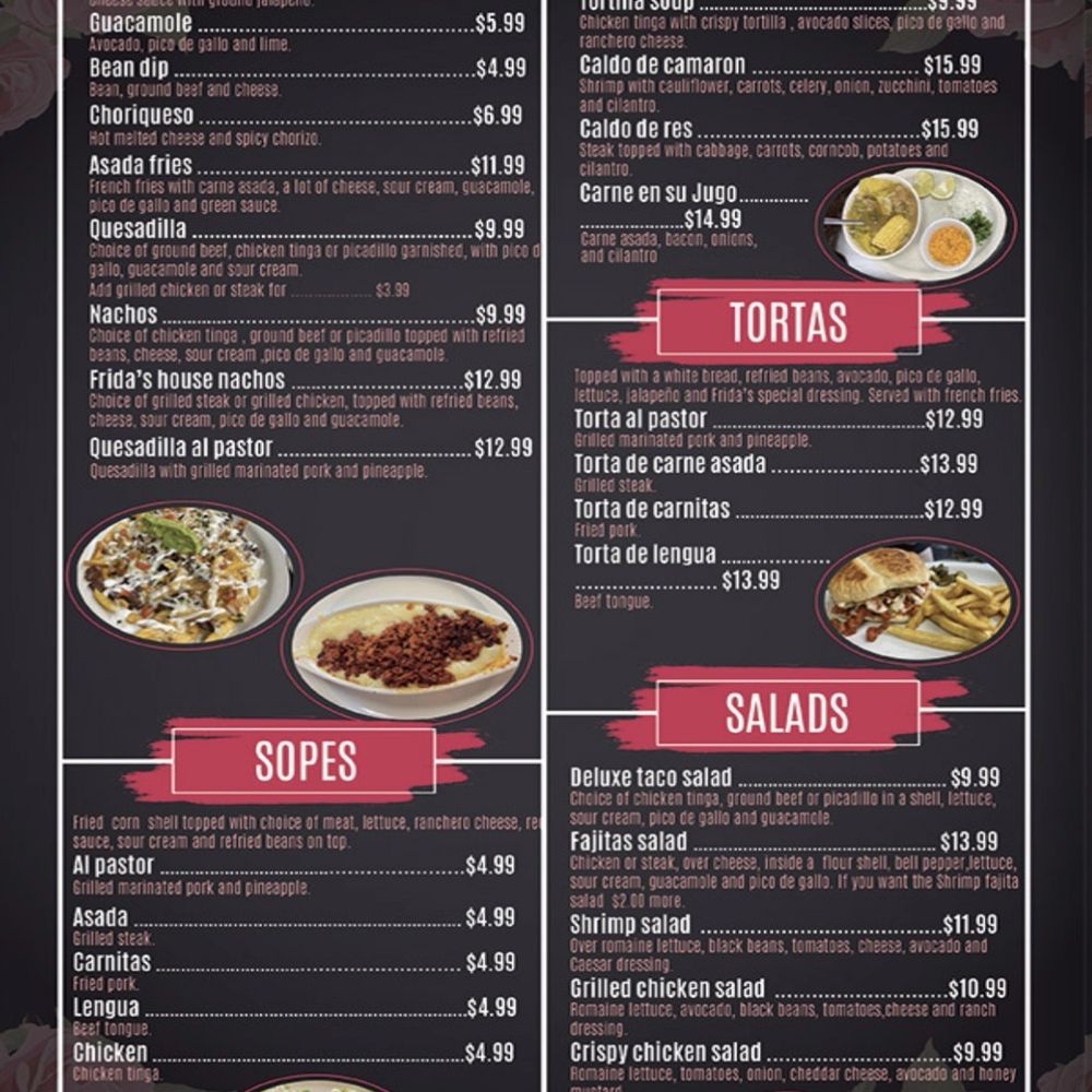 Fridas House Mexican Restaurant - Menu page 1. - Mexican Near Me - Casper, Wyoming Fridas House Mexican Restaurant - Menu page 1. - Mexican Near Me - Casper, Wyoming