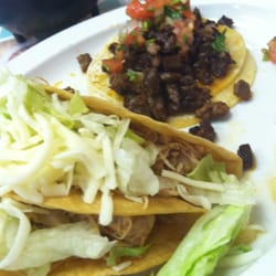 Two chicken hard tacos and one carne asada soft taco. $1.75 each
