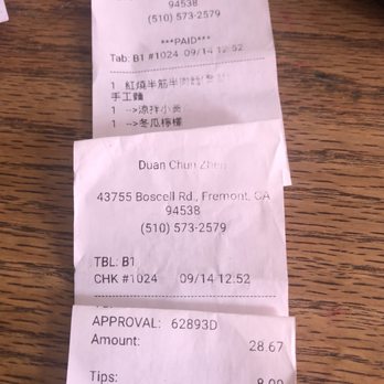 Duan's Kitchen - Receipt showing $8. No itemized billing on top. - Noodles Near Me - Fremont, California