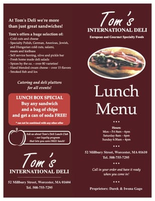 Menu photo 2 Tom's International Deli Worcester, MA