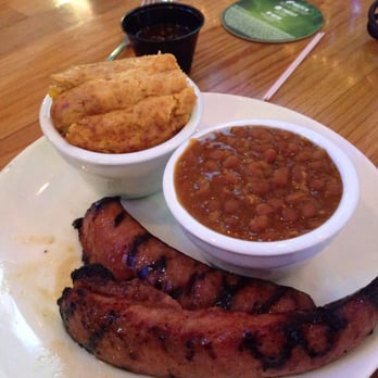 Dead Dog Saloon - Smoked sausage with beans and corn soufflé. - Seafood Near Me - Murrells Inlet, South Carolina