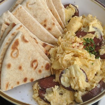 Lokma - Turkish Breakfast: Sujuk, scrambled eggs, and pita. - Mediterranean Near Me - San Francisco, California Lokma - Turkish Breakfast: Sujuk, scrambled eggs, and pita. - Mediterranean Near Me - San Francisco, California