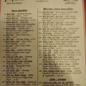 Hue Restaurant - Menu 1/2. - Vietnamese Near Me - San Jose, California Hue Restaurant - Menu 1/2. - Vietnamese Near Me - San Jose, California