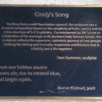Cindy's Song - dedication plaque - Public Art Near Me - Bloomington, Indiana Cindy's Song - dedication plaque - Public Art Near Me - Bloomington, Indiana