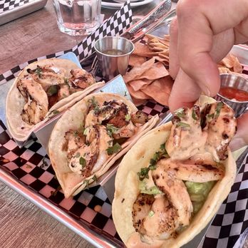 Redwood Grill Los Altos - Shrimp tacos are grilled not deep fried - delicious!!  Wednesday has a taco deal - menu summer 2025! - American Near Me - Los Altos, California