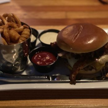 Engine No 9 - Demi-God Burger add Bacon and the mayo on side with curly fries. - Burgers Near Me - Saint Petersburg, Florida Engine No 9 - Demi-God Burger add Bacon and the mayo on side with curly fries. - Burgers Near Me - Saint Petersburg, Florida