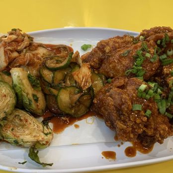 Basic Bird - Double dunk flavor boneless chicken wings, Brussels sprouts, cabbage kimchi and cucumber kimchi. - Korean Near Me - Des Moines, Iowa