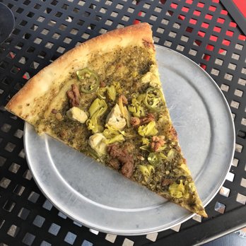 Sizzle Pie - New Maps Out of Hell - creamy basil cashew spread, soy curls, jalapeño, and banana peppers (vegan) - Pizza Near Me - Portland, Oregon Sizzle Pie - New Maps Out of Hell - creamy basil cashew spread, soy curls, jalapeño, and banana peppers (vegan) - Pizza Near Me - Portland, Oregon